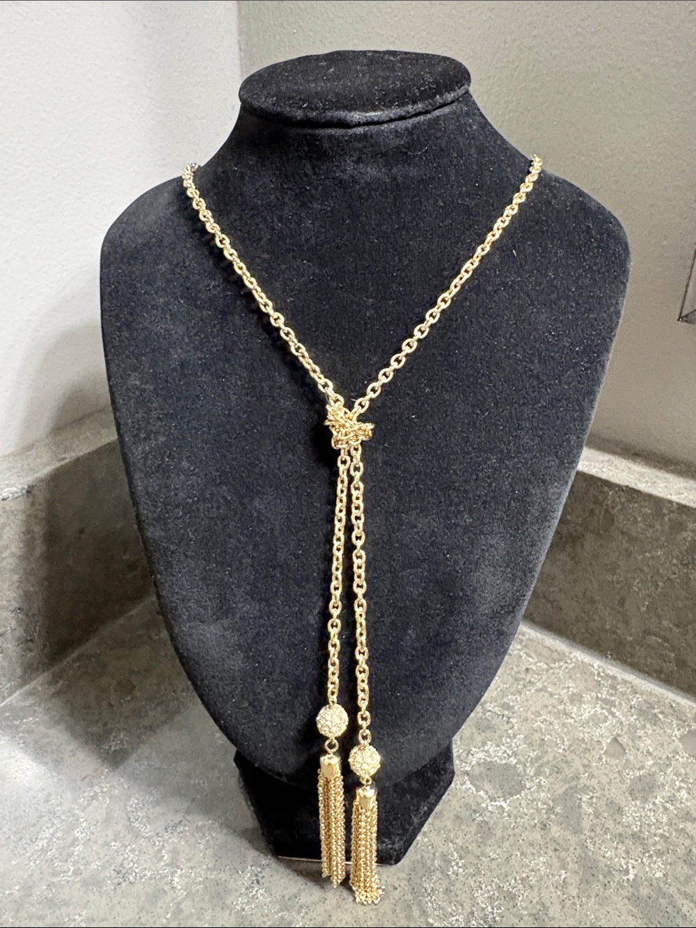 Gold Knot Lariat Necklace with Tassel Drops - Women Jewelry